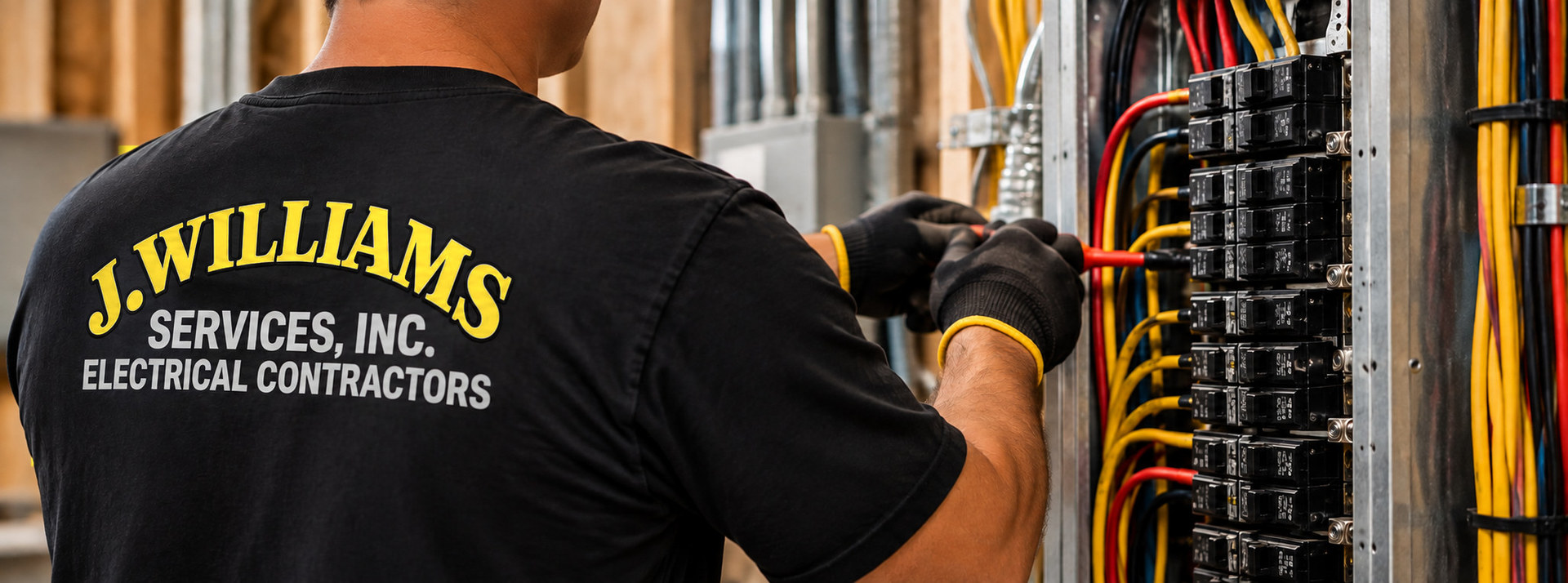 J Williams Services electrician wiring a panel